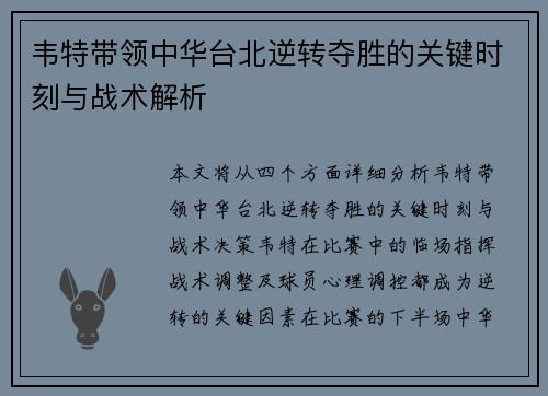 韦特带领中华台北逆转夺胜的关键时刻与战术解析